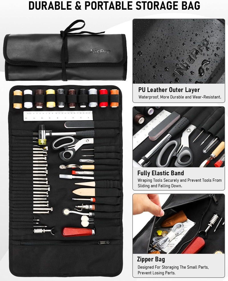 Nicpro 85PCS Leather Tooling Kit Leather Working Tools Kit with Custom Storage Bag, Adults Leather Making Craft Tools Beginner Kit for Stamping Sewing Carving Cutting Punching Leather Working - Image 2